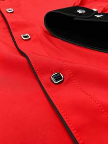 Men's Contrast Trim Long Sleeve Formal Shirt, Red Patchwork With Black - Red - View 3