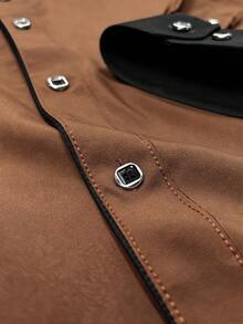 Áo sơ mi nam dài tay viền tương phản, họa tiết vá màu nâu phối đen - màu nâu - Xem 3