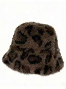 Women's Fashionable Leopard Print Warm Bucket Hat, Versatile For Autumn/Winter