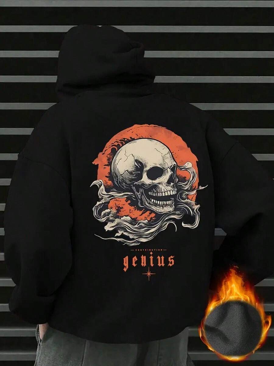 Men's Gothic Lettering Hooded Sweatshirt With Skull & Cross Back Print - Pink & Black Oversized Pullover, Long Sleeve Casual Winter Warmth, Loose Fit Hoodie For Men, Hand Washable Gothic Streetwear,Fall Hoodies,Men's Fall Clothes,Street Wear,Halloween,Mens Hoodies,Y2k Clothes,Jesus Hoodie,Thanksgiving Day,Nightmare Before Christmas,Christmas - màu đen - Xem 1