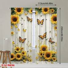 2 Piezas de Juego de Cortinas Semitransparentes de Bolsillo para Varilla de Poliéster con Patrones Florales de Girasoles y Mariposas, Adecuadas para la Decoración del Hogar Moderno en Salas de Estar, Dormitorios, Cocinas, Cortinas Fáciles de Cuidar, Cortinas de Poliéster Lavables a Máquina - Multicolor - Ver 5