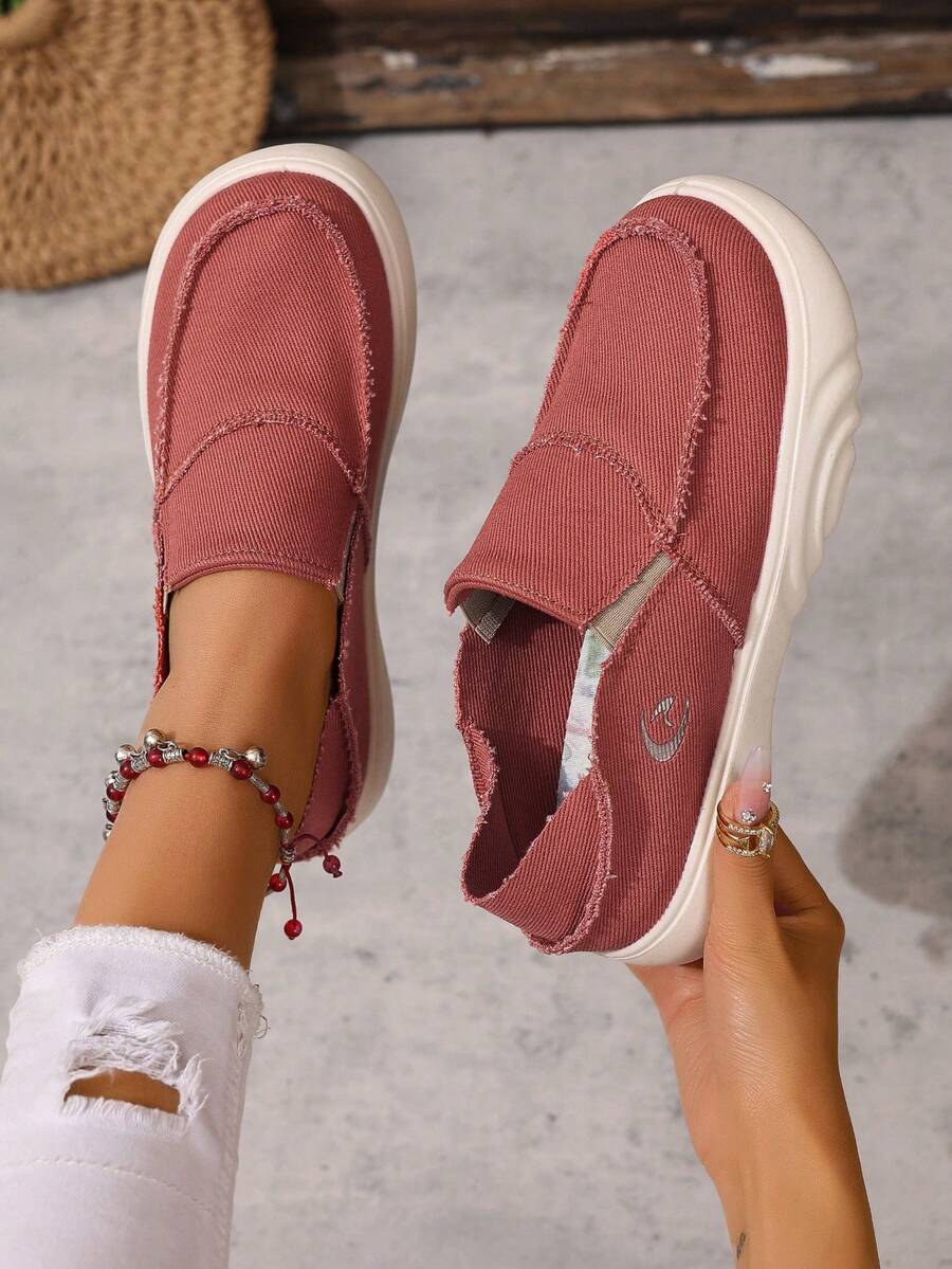 1 Pair Women's Casual Slip-On Canvas Sneakers, Solid Color PU Low-Top Outdoor Leisure Hiking Lightweight Flat Shoes - Orange - View 1