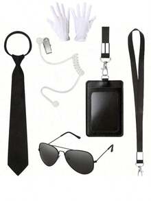 5pcs Agent Clothing Accessory Kit, Adjustable Beautiful Zipper Tie, Black Sunglasses, ID Badge, Prop Headphones, Secret Security Clothing, Bodyguard Clothing, Men's And Boys' Party Role-Playing Game Halloween Costume - Black - View 8
