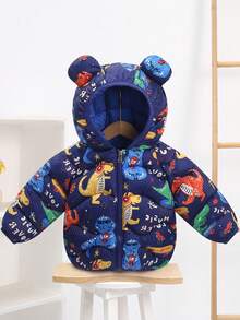 秋冬新款夹棉外套，藏青色卡通恐龙图案，男童连帽保暖防风外套，男童卡通保暖派克大衣 - 寶藍色 - 查看 13