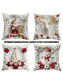 4 Stücke Weihnachts-Bestseller 2D Digital Bedruckte Samt Soft Touch Kissenbezüge, Weihnachtsmann, Weihnachtszahlen, Rentier, Schneemann, Schneeflocke, Weihnachtsdekoration, Fröhliche Weihnachten, Weihnachtsgeschenke, Polyestermaterial, verdeckter Reißverschluss, ohne Füllung, geeignet für Heimdekoration, Wohnzimmer, Kissenbezug, Kissenhülle, Sofa-Dekoration, Polsterbezug