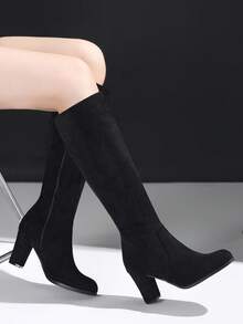 Women's Sexy Versatile Black Suede Thigh High Boots, Chunky Heel Knee High Boots With Side Zipper, Elegant Mid-Heel Long Boots For Commuting & Office, Autumn/Winter,Party - Black - View 3
