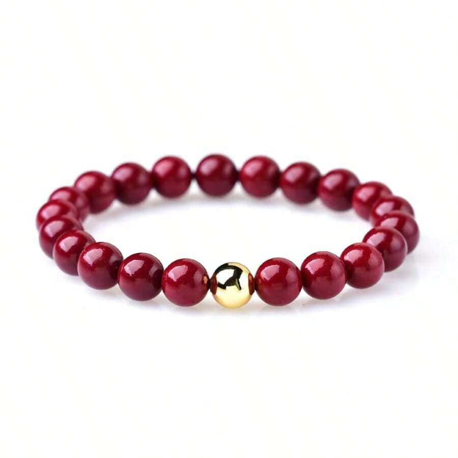 Pulsera de cuentas de cinabrio rojo de 8 mm para mujeres | Pulsera elástica chapada en oro como regalo de buena suerte, prosperidad y riqueza | Joyería tradicional china de protección | Regalo para ella