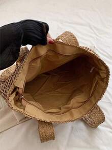 DESC Large Summer Straw Shoulder Bag With Key Ring, Zipper Closure, B-11 STRAW - Brown - View 2