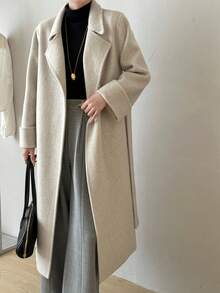 Women's Lapel Belted Double-Faced Wool Coat With Pockets, Suitable For Autumn/Winter - Oat - View 2