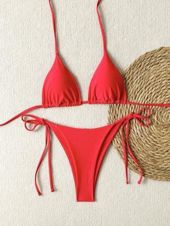 New Women's Fashion Red Lace-Up Halter Neck Bikini Swimsuit For Beach Vacation