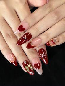 10 件红色杏仁手工按压指甲，中长，手绘红色爱心，3D 樱桃和蝴蝶结装饰，手工假指甲，红色法式指尖配金色小钢球，适合女孩和女士秋冬日常、派对、新年、圣诞节指甲装饰 - 紅色 - 查看 8