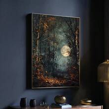 1pc Framed/Unframed Gothic Style Forest Moon Night Aesthetics Art Retro Poster Dark Academia Moody Vintage Painting Canvas Print Wall Picture Ideal Gift For Dorm,Apartment,Living Room,Bedroom,Home Decoration - Multicolor - View 2