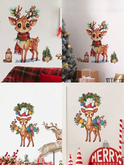 1 pieza Adhesivo de pared navideño con reno de dibujos animados y flor de ciruelo - Autoadhesivo y removible para decorar paredes, puertas y gabinetes de cocina, decoración del hogar, decoraciones navideñas, decoración de habitaciones