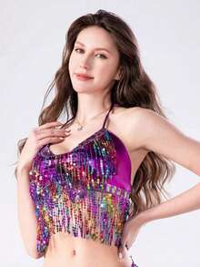1pc Handmade Sequin Fringe Belly Dance Costume Set, Including Sequin Skirt, Suitable For Carnival, Singer Performance, Nightclub, Festival Party, Beach, Bohemian Retro Style And Other Occasions - Multicolor - View 25