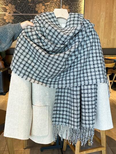 1 pezzo Sciarpa casual di lusso in finta cashmere a quadri grigi retrò per donna - morbida, calda, senza elasticità, antifreddo con eleganti nappe, adatta per autunno/inverno, scialle alla moda