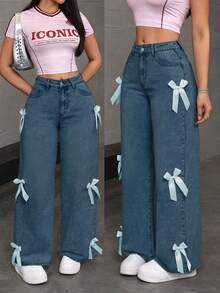 Women's Casual And Fashionable Loose Straight Leg Jeans, Paired With Bow Decorations, Charming And Beautiful, Suitable For All Seasons, Mid Waist Shooting, Suitable For Parties/Dances, Parties, Birthday Parties, Banquets, Nightclubs, Nightclubs, Music Festivals, Concerts - 寶藍色 - 查看 3