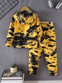 2pcs/Set Boys Graffiti Ink Print Long Sleeve Hoodie Sweatshirt + Straight Leg Pants, Autumn/Winter