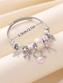 1件装女士优雅粉色水晶仿珍珠吊坠猫咪蝴蝶结串珠手链，樱桃皇冠图案，适合女士派对配饰、礼物、母亲节、万圣节、圣诞节、情人节、节日礼物 - 粉色魅惑貓咪蝴蝶結 - 查看 3