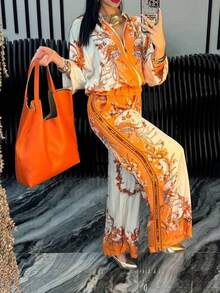 1 Set Bohemian Elegant Criss-Cross Allover Print 2 Pieces Outfit, Suitable For Office, Street Wear, Spring/Summer