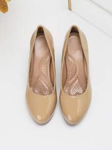 女士漆皮厚底高跟鞋，舒适优雅的办公工作鞋，圆头厚底厚跟鞋，米色，适合春秋季通勤穿着。 - 杏色 - 查看 4