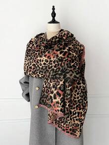 1pc Autumn And Winter New Style Imitation Cashmere Short-Staple Colored Leopard Print Scarf, Elegant And Warm Scarf For Women, Suitable For Daily Evening Dress, Travel, Wedding, Office Outer Wear As A Warm Shawl, And As A Festive Gift Choice