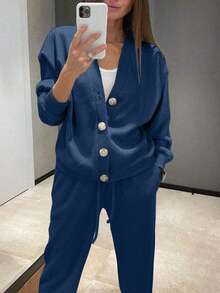 大码女式两件套，休闲针织开襟羊毛衫外套搭配抽绳长裤，优雅春季款 - 藏蓝色 - 查看 4