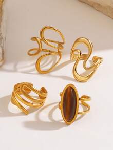 4pcs/Set Stainless Steel Minimalist 18K Gold Plated Geometric Tiger Eye Stone Line Open Ring, Suitable For Women's Daily Wear - Multicolor - View 3
