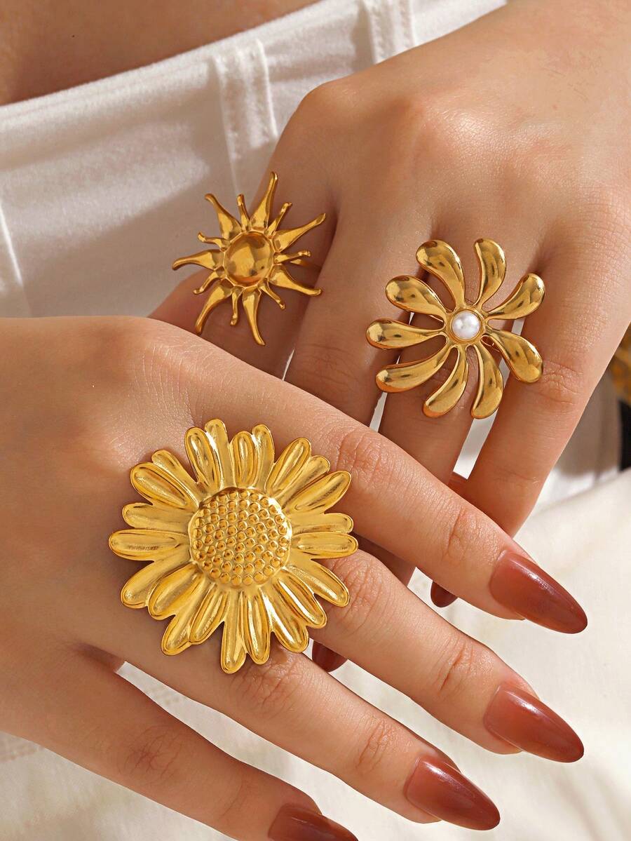 3 件套不锈钢 18K 镀金时尚花卉太阳戒指套装，适合女性日常、旅行、购物、派对佩戴 - 彩色 - 查看 1