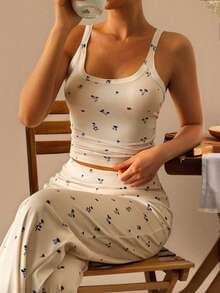 GAOVOT Women's Two Pieces Summer Home Leisure Sports Running Exercise Print Sleeveless Vest Top And Loose Wide Leg Straight Pant Suit