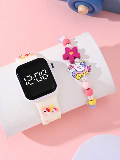2 款女孩款独角兽蝴蝶美人鱼时尚百搭儿童手表。适合学生时尚学习用品。方形 LED 手表，价格实惠，适合返校季。手链式数字电子手表和串珠独角兽蝴蝶美人鱼手链。