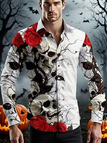 男士哥特式骷髅与红玫瑰印花长袖衬衫，个性化哥特风格全印花翻领纽扣休闲衬衫，艺术氛围万圣节设计，秋冬 - 彩色 - 查看 7