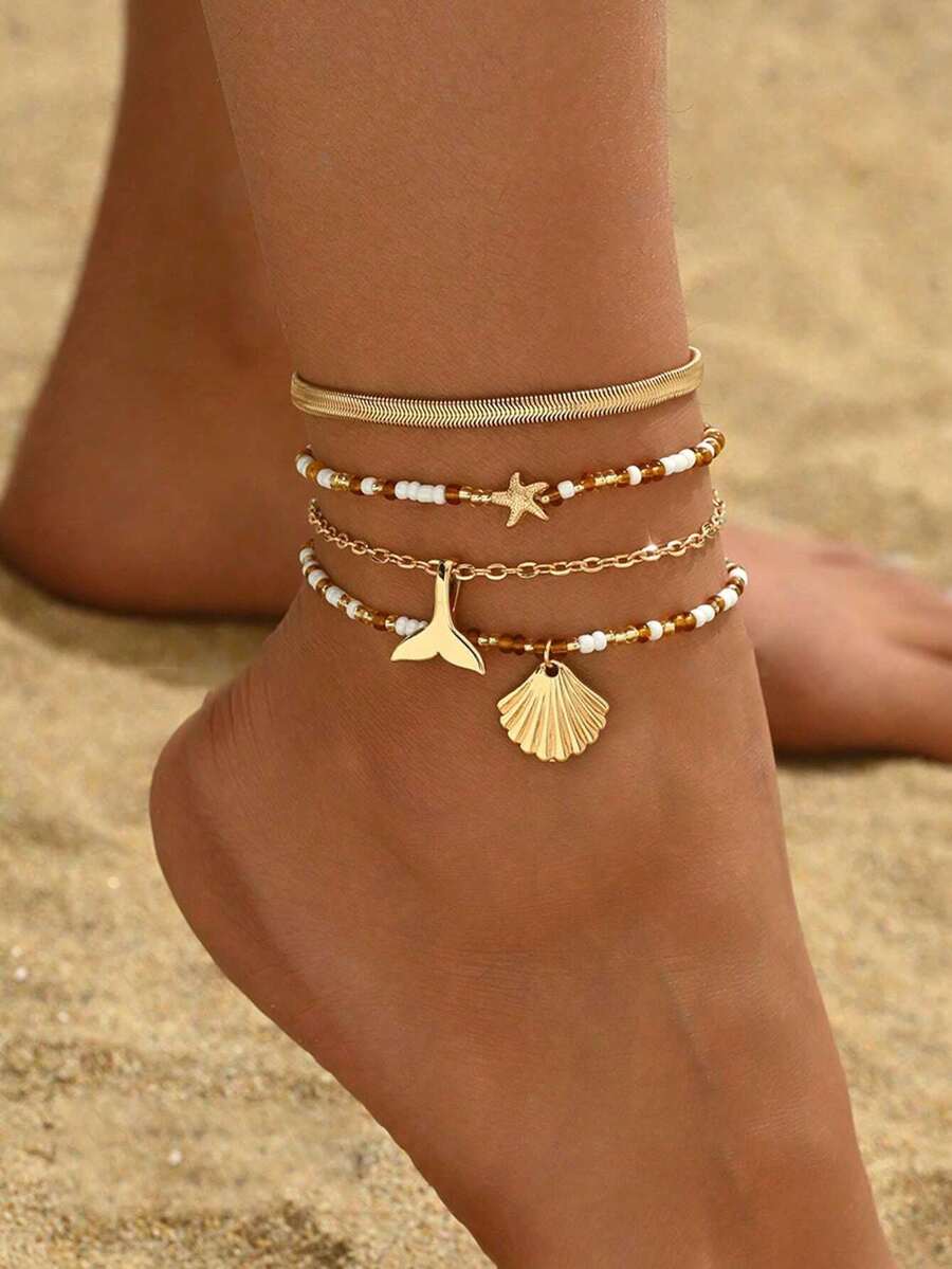 4pcs/Set Gold Starfish Handmade Random Beaded Anklet, Simple Metal Thick Snake, Shell, Fish Tail Pendant Foot Jewelry For Women, Suitable For Daily Wear, Travel And Vacation