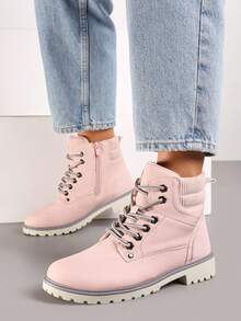 Soft Faux Suede Lace-Up Combat Boots - Women's Casual Winter Boots - Pink - View 1