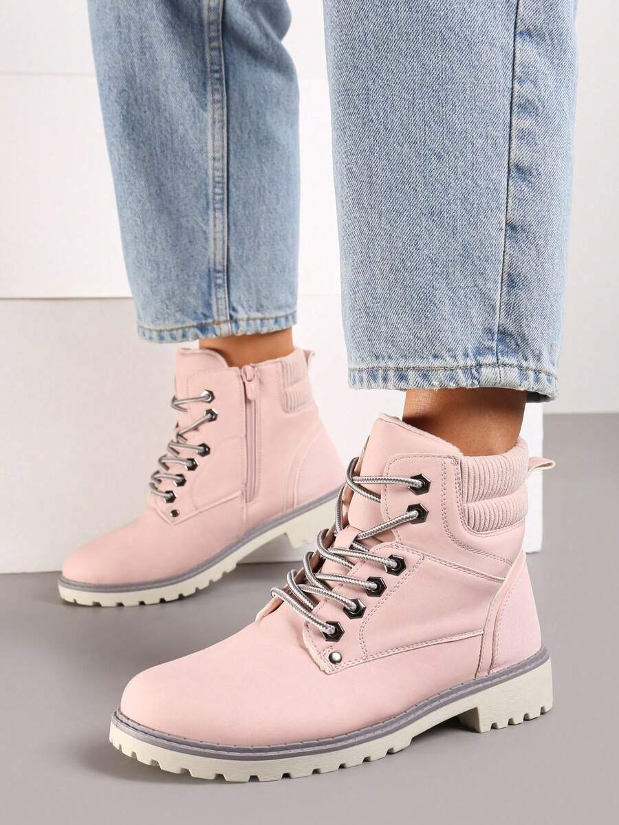 Soft Faux Suede Lace-Up Combat Boots - Women's Casual Winter Boots - Pink - View 1