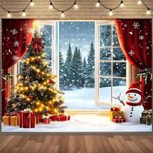 1 pieza de Fondo plano 2D de Navidad. Diseño de fondo con árbol de Navidad, muñeco de nieve y ventana de piso a techo. Tela de poliéster duradera, adecuada para decoración de pared interior, fondo de fotografía, decoración navideña exterior, estudio fotográfico, decoración de fiesta interior