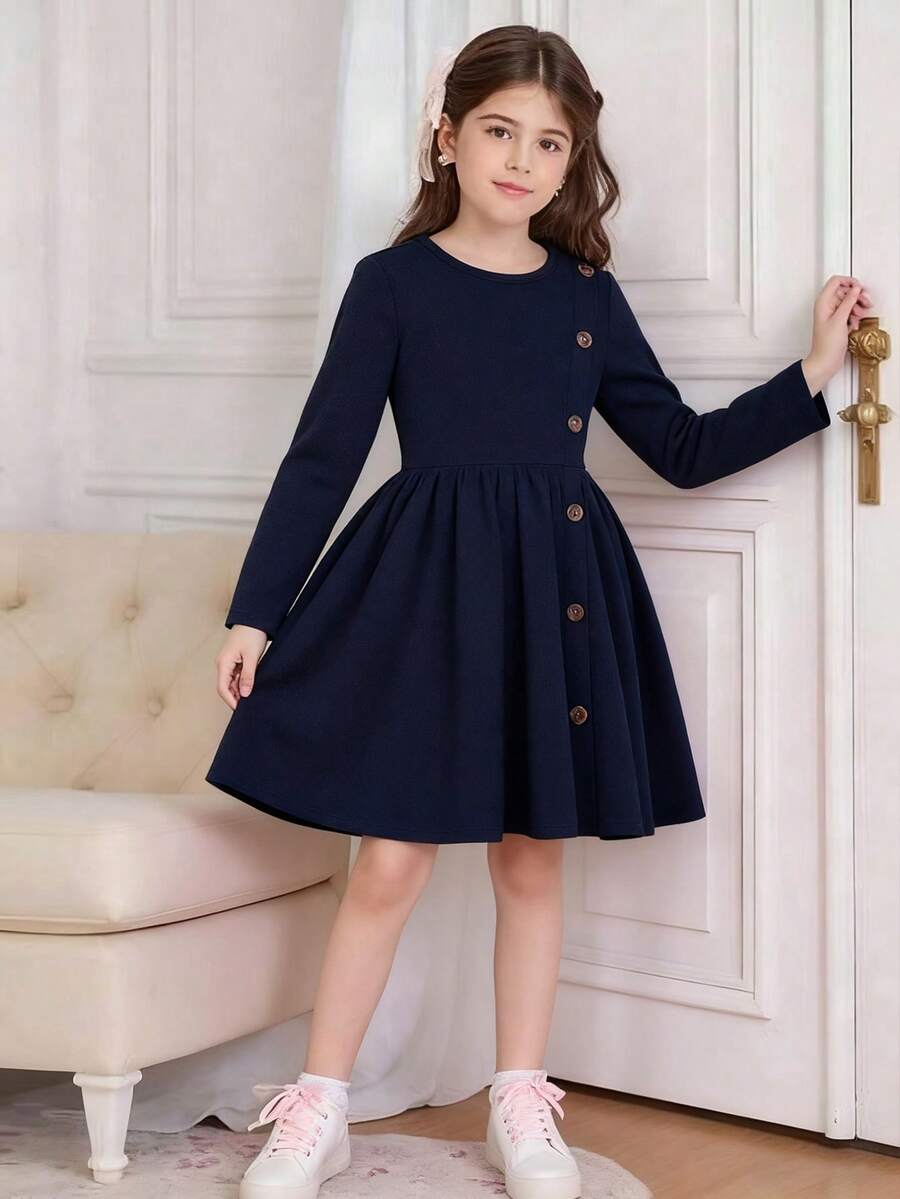 Tween Girl Solid Color Dress With Button Decor, Spring/Autumn - Royal Blue - View 1