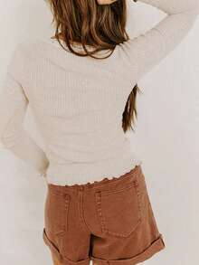Acelitt Elegant Beige Lace Trim U-Neck Button Decor Ruffle Hem Long Sleeve Ribbed Fitted Top, Spring/Autumn Casual - Apricot - View 2
