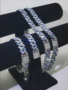 CVNANA 1 件 14 毫米翻蓋男女通用粗鏈項鍊嘻哈風格水晶鑲嵌手鍊 - 藍色 - 查看 5