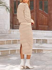 Women's Two Striped Sweater With Long Sleeve Knit Pullover Pencil Skirt Matching Travel Wear - Sọc Caramel - Xem 5