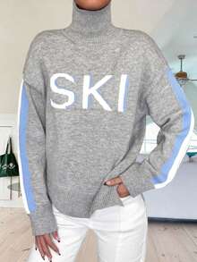 Women's New High Neck Drop Shoulder Long Sleeve Ribbed Waffle Knit Letter Jacquard Pattern Casual Comfortable Soft Fashion Sweater, Autumn/Winter