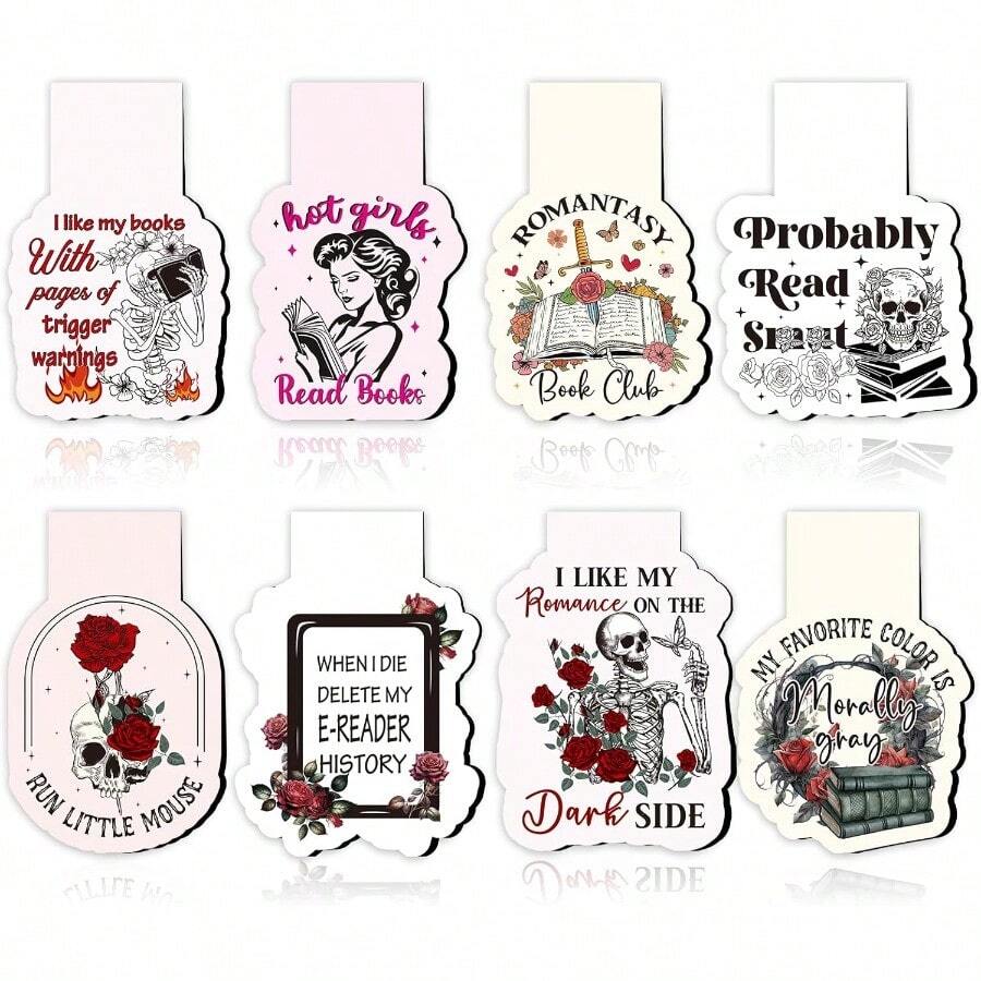 Dark Romance Magnetic Bookmark Gifts 8Pcs Funny Book Mark Magnets Flower Skull Bookmarks Magnetic Romance Magnets Bookmark Page Clip Gift For Women Men Book Lovers Students Teachers Reading - 黑暗浪漫 - 查看 1