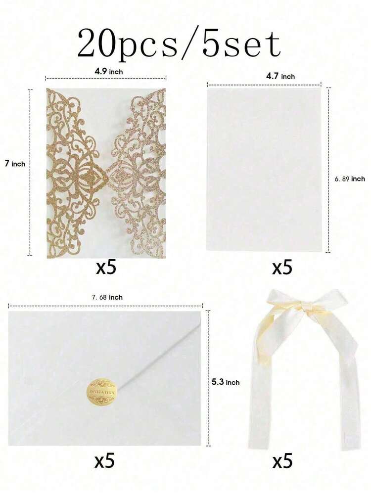 20pcs Gold Glitter Hollow Rose Shaped Wedding Invitations With Envelopes And RSVP Cards, Pre-Tied Satin Ribbons, For Wedding Anniversary, Bridal Shower, Engagement Party, Banquet Invitation - Multicolor - View 11