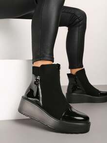 Botas de salto grosso femininas - Botas casuais de inverno - Preto - Ver 1