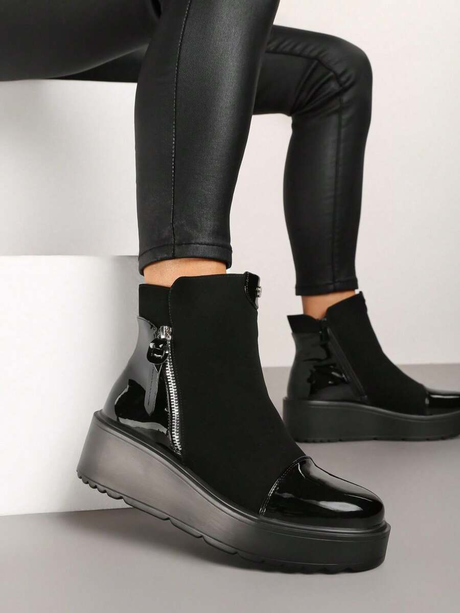 Botas de salto grosso femininas - Botas casuais de inverno - Preto - Ver 1
