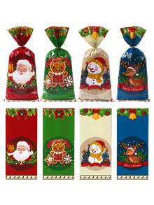 100pcs Christmas Gift Bags With Gold Jute Rope, Patterns Include Santa Claus, Snowman, Reindeer, Gingerbread Man, Plastic Material, Suitable For Christmas Party Gift Packaging, Christmas Decoration, Christmas Small Gift Bags, Christmas Candy Bags, Christmas Eve Gift Packaging, Winter Decoration, Christmas Room Decoration, Christmas Home Decor, 2026 New Year Decoration, Christmas Decoration, Party Favors. - Christmas Mix - View 1
