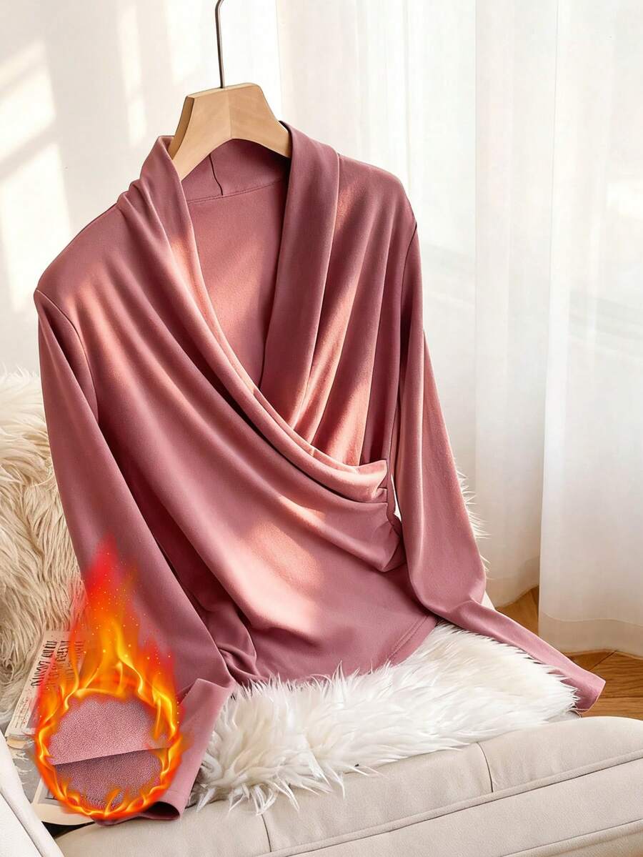 Camiseta feminina de lã quente com decote em V e manga comprida, elegante, casual, slim fit, rosa, outono/inverno - Rosa Cinza - Ver 1