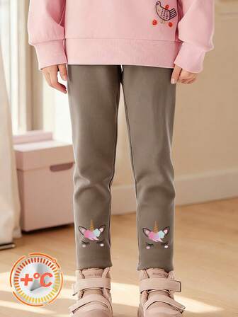 女童独角兽印花保暖打底裤，修身保暖款，适合日常穿着，秋冬季节，可爱柔软，九分裤长，适合幼儿和小女孩。