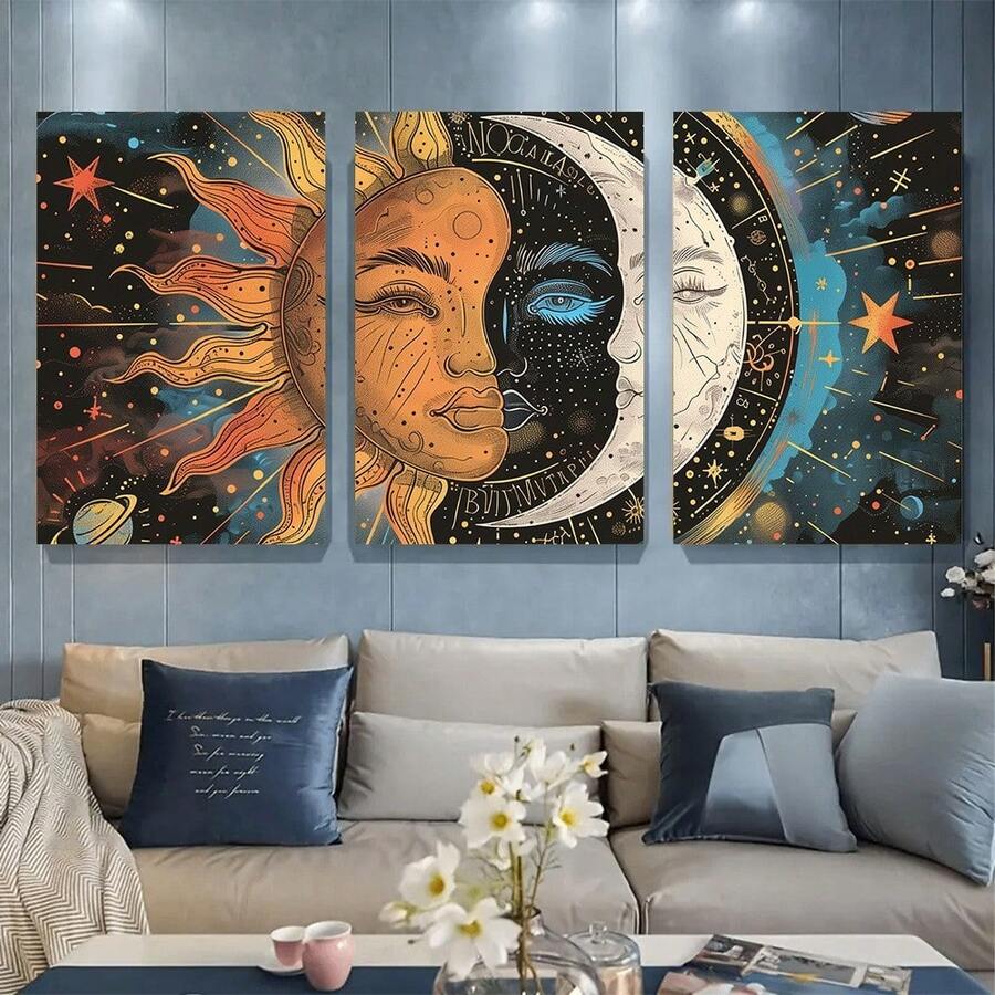 3 pièces Ensemble, Peinture sur canevas - Sans cadre, Le soleil et la lune sont ensemble, Peinture sur canevas pour salon, chambre à coucher, décor mural de luxe pour salon, peinture murale pour studio, couloir, art et artisanat - Sans cadre