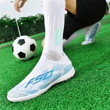 Laceless Sock-Style Insole And Seamless Rubber Outsole Football Shoes | Men's & Youth Slip-On Artificial Turf Soccer Cleats | Multi-Terrain Football/Training Shoes For Indoor/Outdoor Practice - White and Blue - View 6