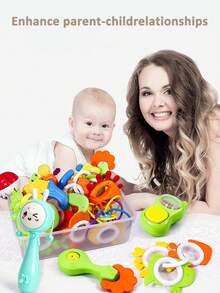 14件婴儿摇铃安抚玩具套装，含抓握、摇铃、牙胶感官玩具，易于抓握，适合新生儿，促进早期感官发育，带收纳盒，非常适合新生男婴女婴生日/节日礼物（包装盒、图案、配件、颜色随机）